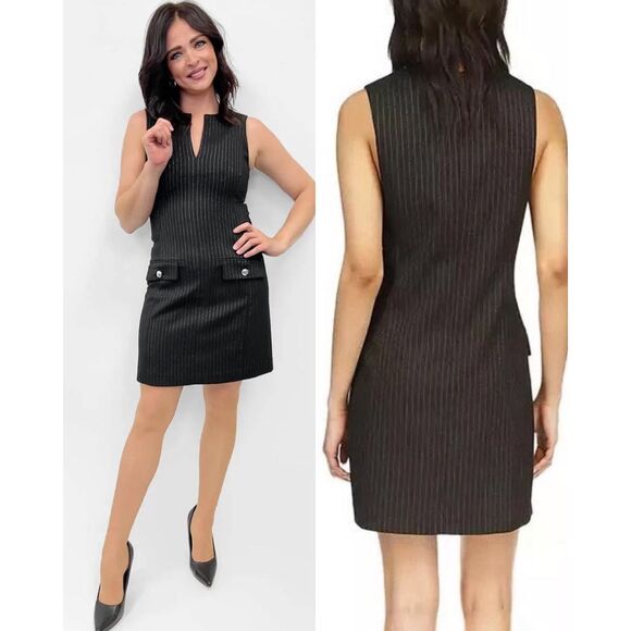 Michael Kors NWT Split-Neck Sleeveless Mini Shift Dress Black Silver - Picture 1 of 5